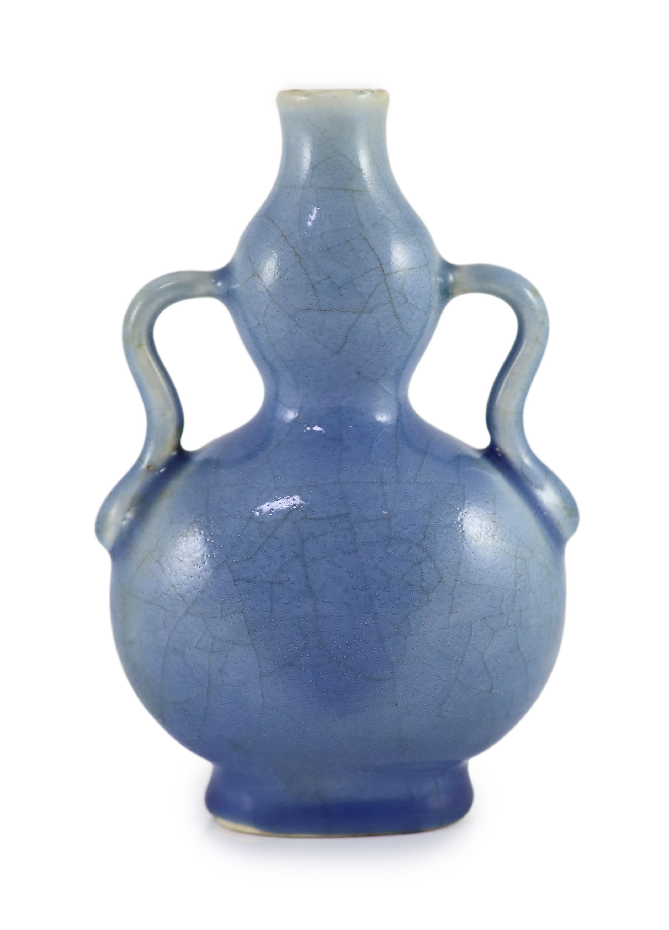 A Chinese blue crackle glazed double gourd flask, Qianlong seal mark, probably 19th century, 17cm high